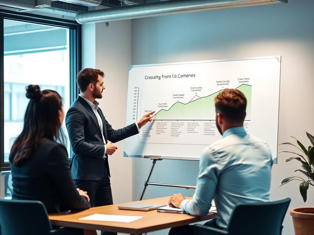 Consultor apresentando planejamento estratégico em reunião empresarial